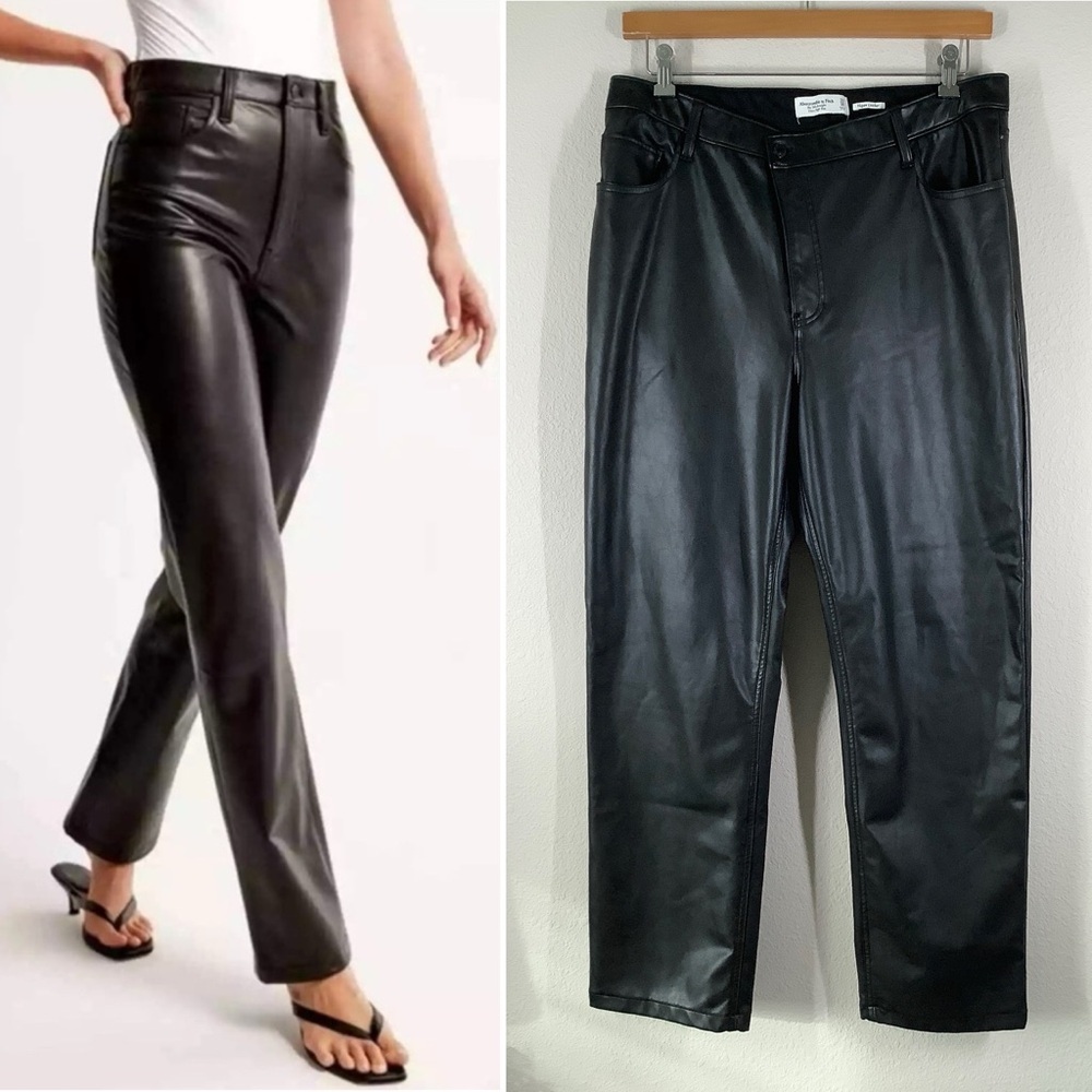 ABERCROMBIE 90s Straight High-Rise Faux Leather Pants 16 Black Streetwear